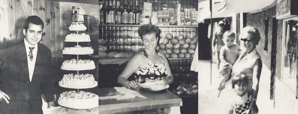 Tres fotografías en blanco y negro de los primeros años: un hombre junto a una tarta de boda de cinco pisos, una mujer atendiendo el mostrador y una familia en la calle.